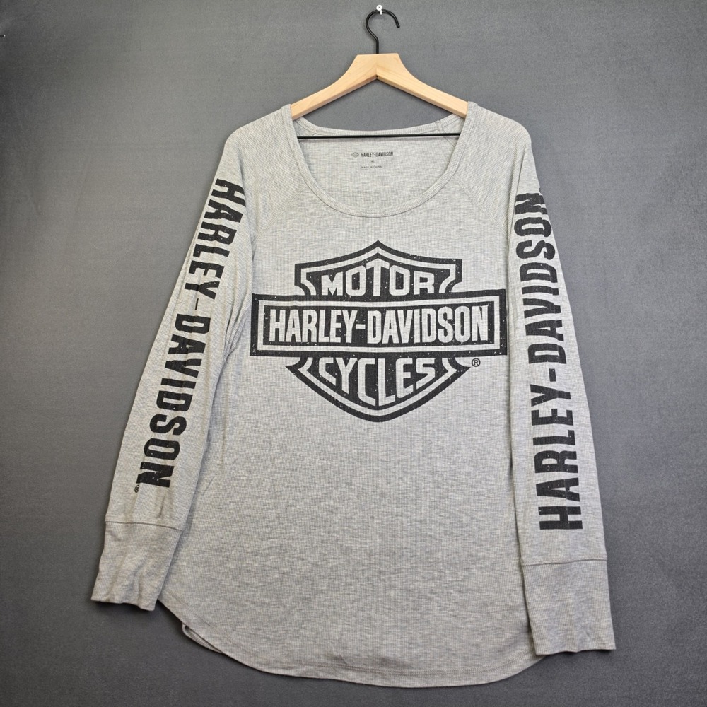 Harley Davidson Womens 2XL Gray Ribbed Long Sleeve Top Bar Shield Sleeve Print